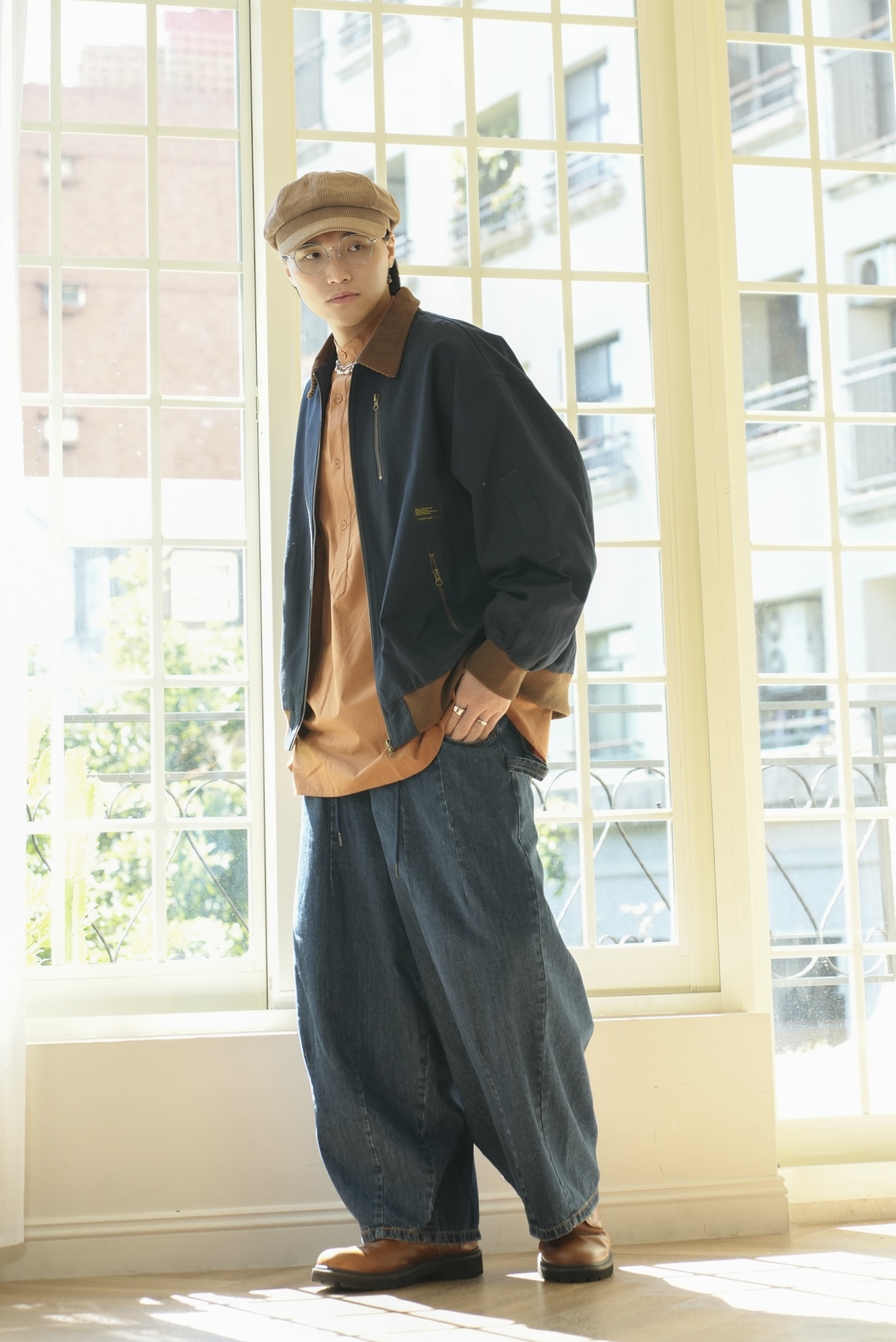 MC041 拼色翻領復古外套 - 深藍