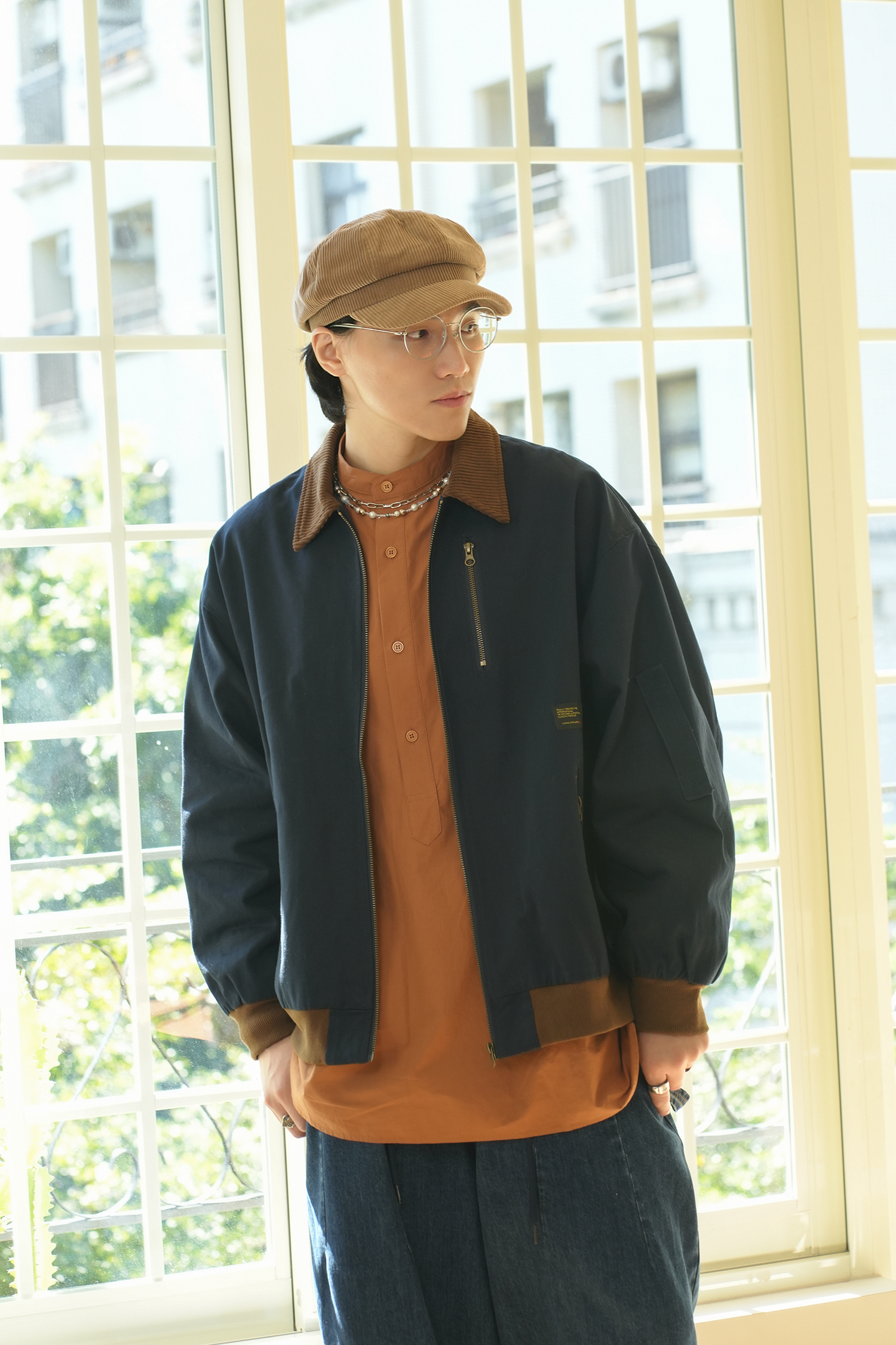 MC041 拼色翻領復古外套 - 深藍