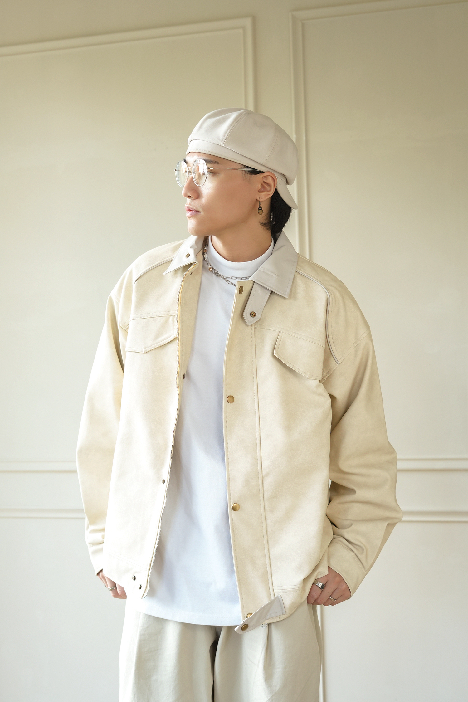 MC033 拼色翻領皮夾克 - 杏色