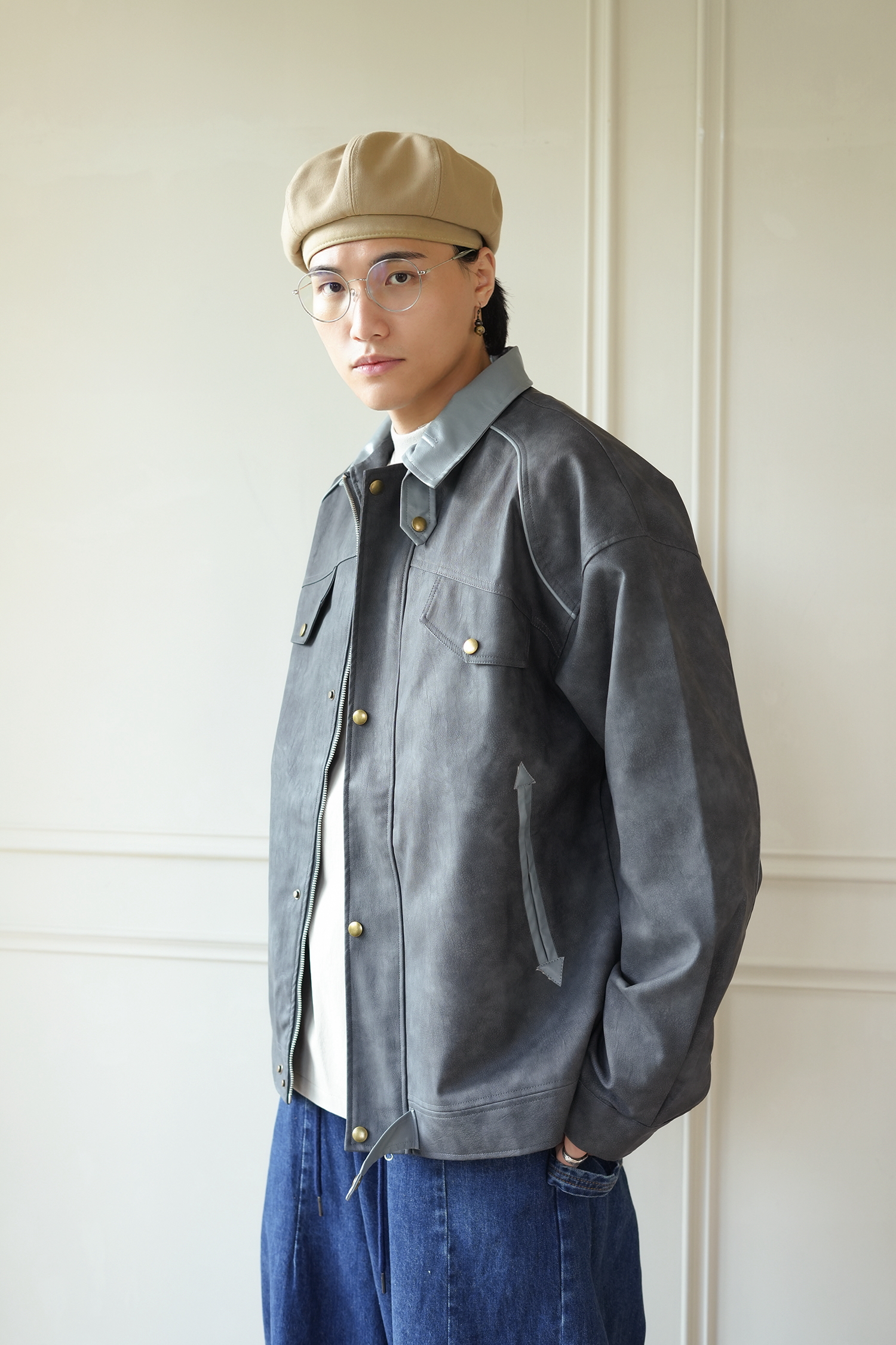 MC031 拼色翻領皮夾克 - 灰色