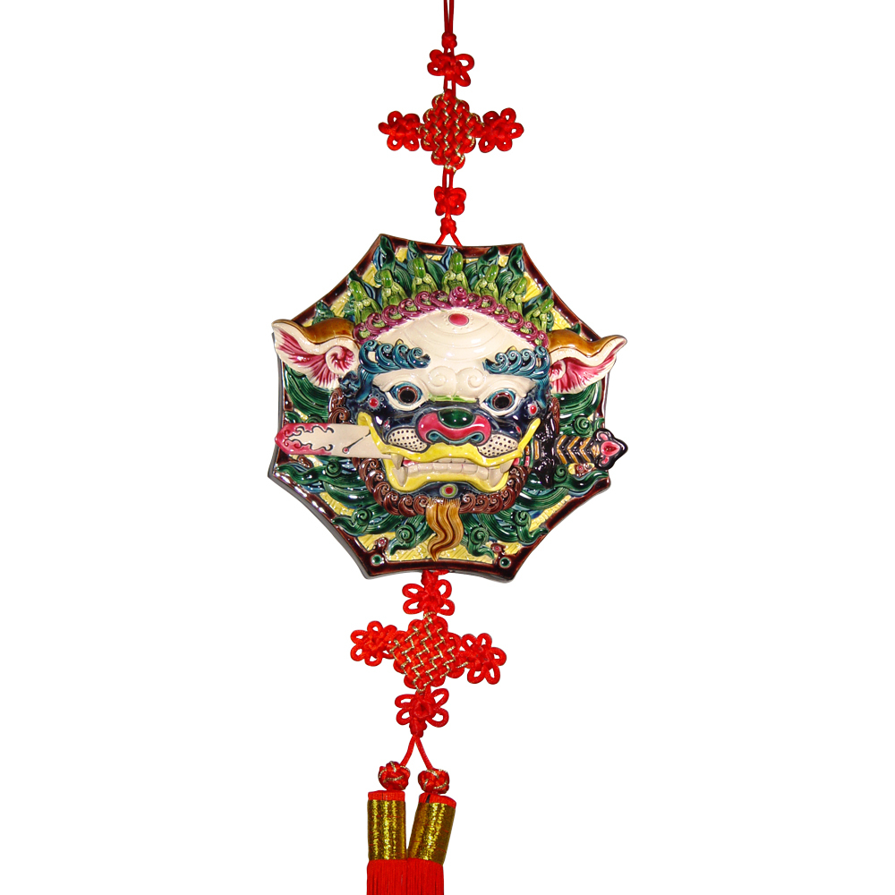 台灣國寶交趾陶｜居家開運 8吋細工中國結吊飾 咬劍獅王