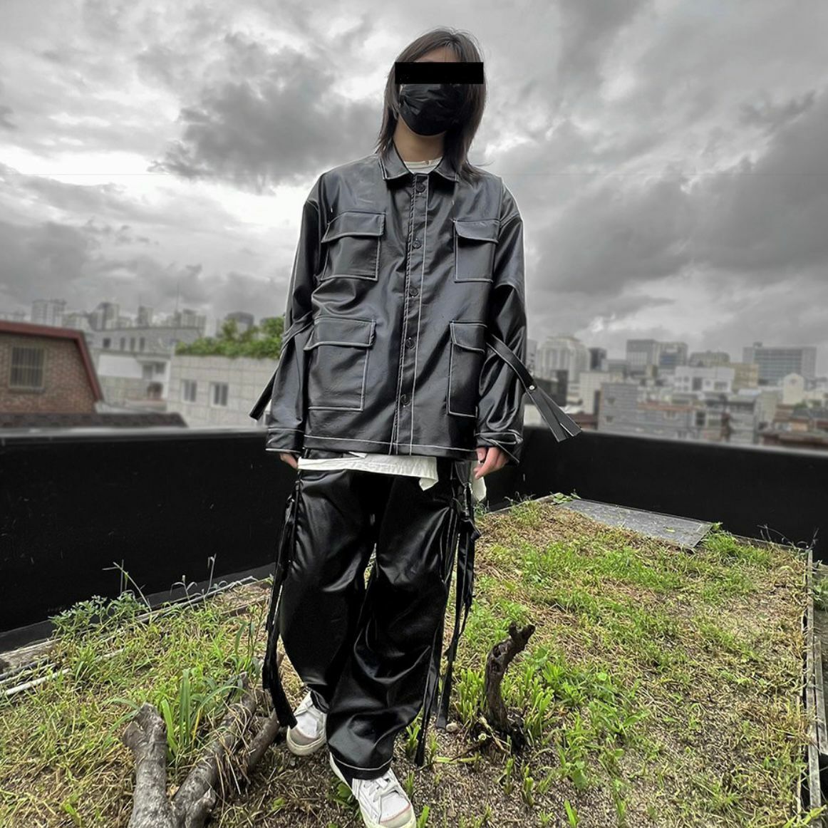 亮面可束腳工裝鬆身褲 P2653