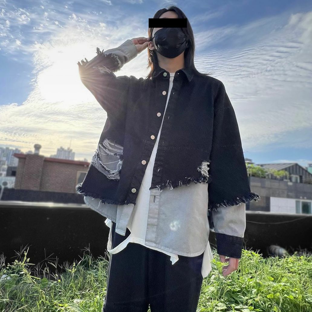 拼布破洞牛仔長袖恤衫 S2194