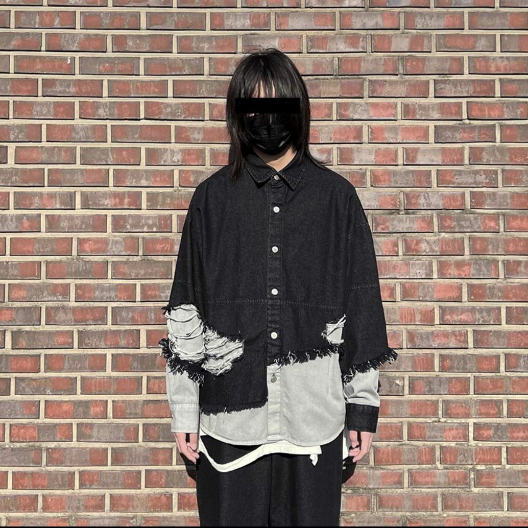 拼布破洞牛仔長袖恤衫 S2194