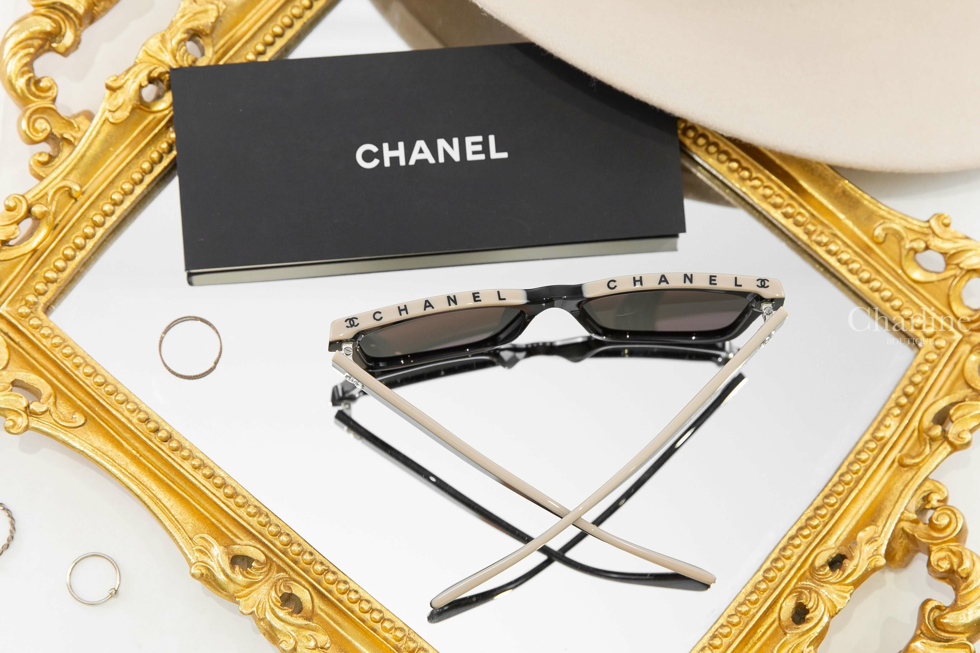 Chanel Square Sunglasses 黑色拼裸底黑字方型咖啡色鏡片銀CC太陽眼鏡-Charline Boutique 精品代購