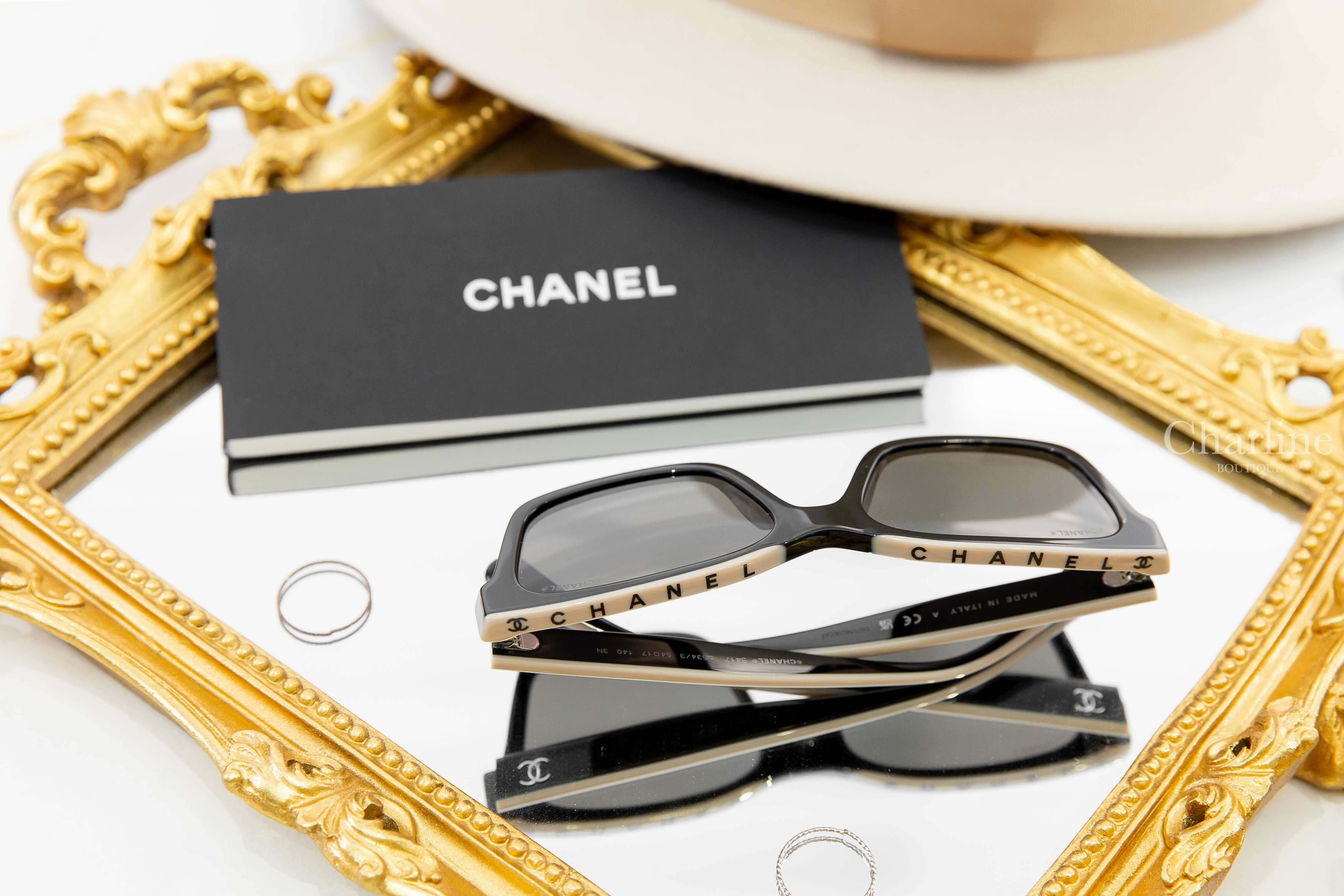 Chanel Square Sunglasses 黑色拼裸底黑字方型咖啡色鏡片銀CC太陽眼鏡-Charline Boutique 精品代購