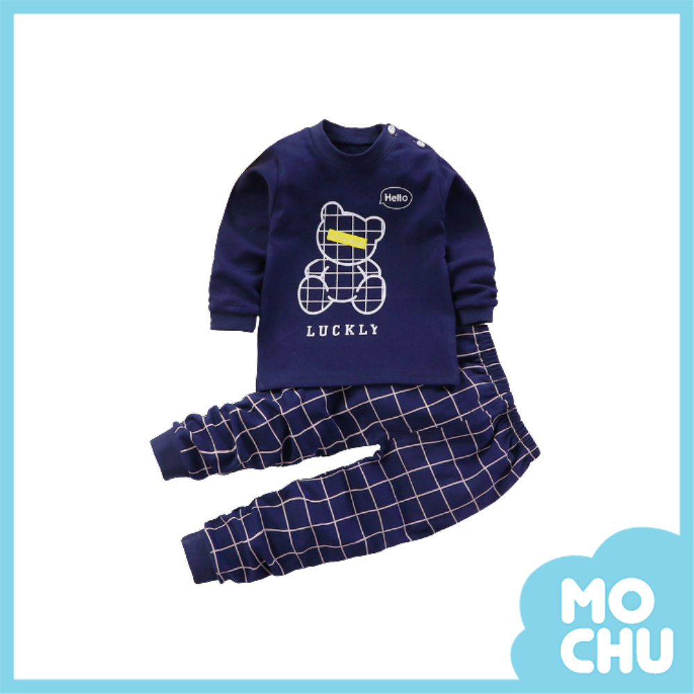 深藍色白格子小熊家居服套裝