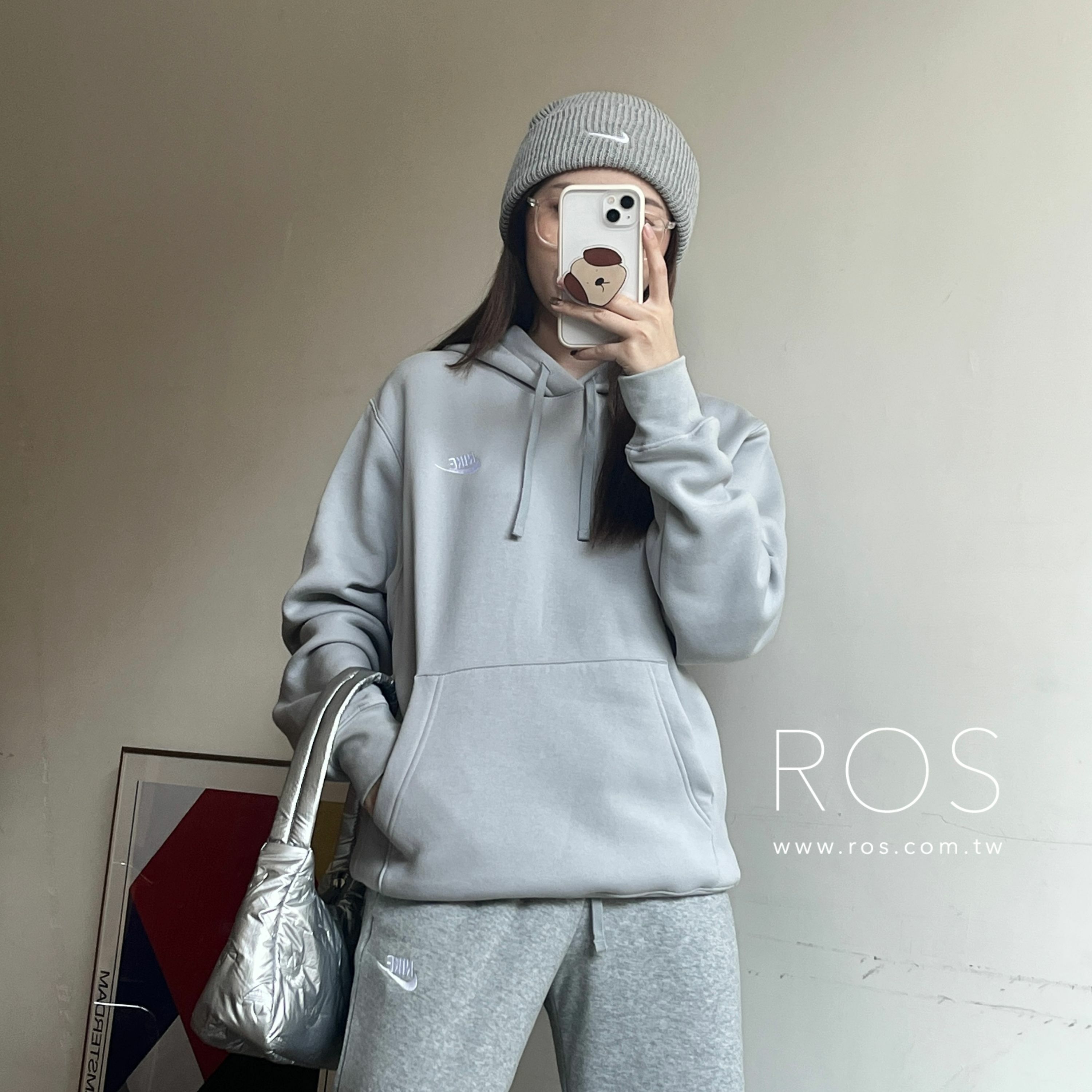 Nike 刺繡Logo 帽T 灰藍