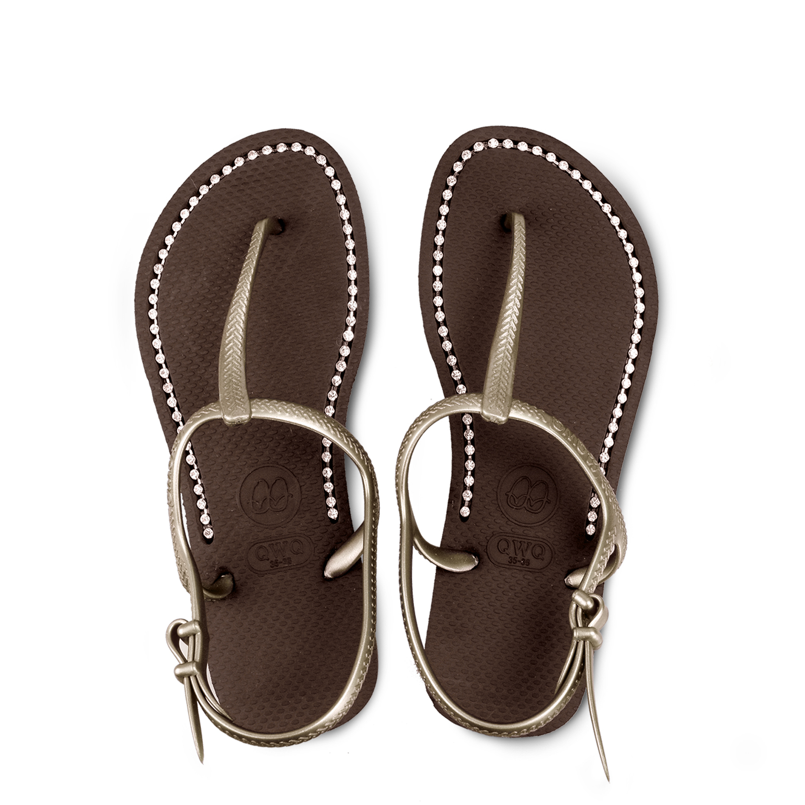 女款綁帶T字涼鞋 焦糖棕色 國際知名水鑽元素 腳型修長款