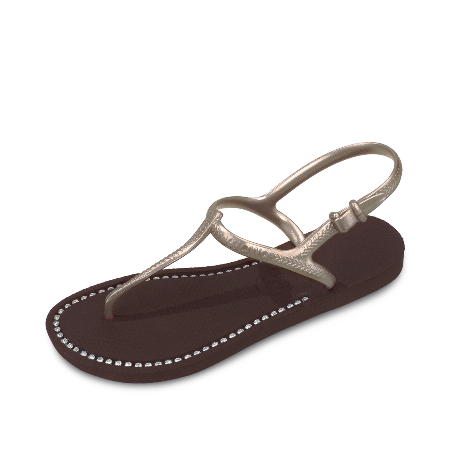 女款綁帶T字涼鞋 焦糖棕色 國際知名水鑽元素 腳型修長款