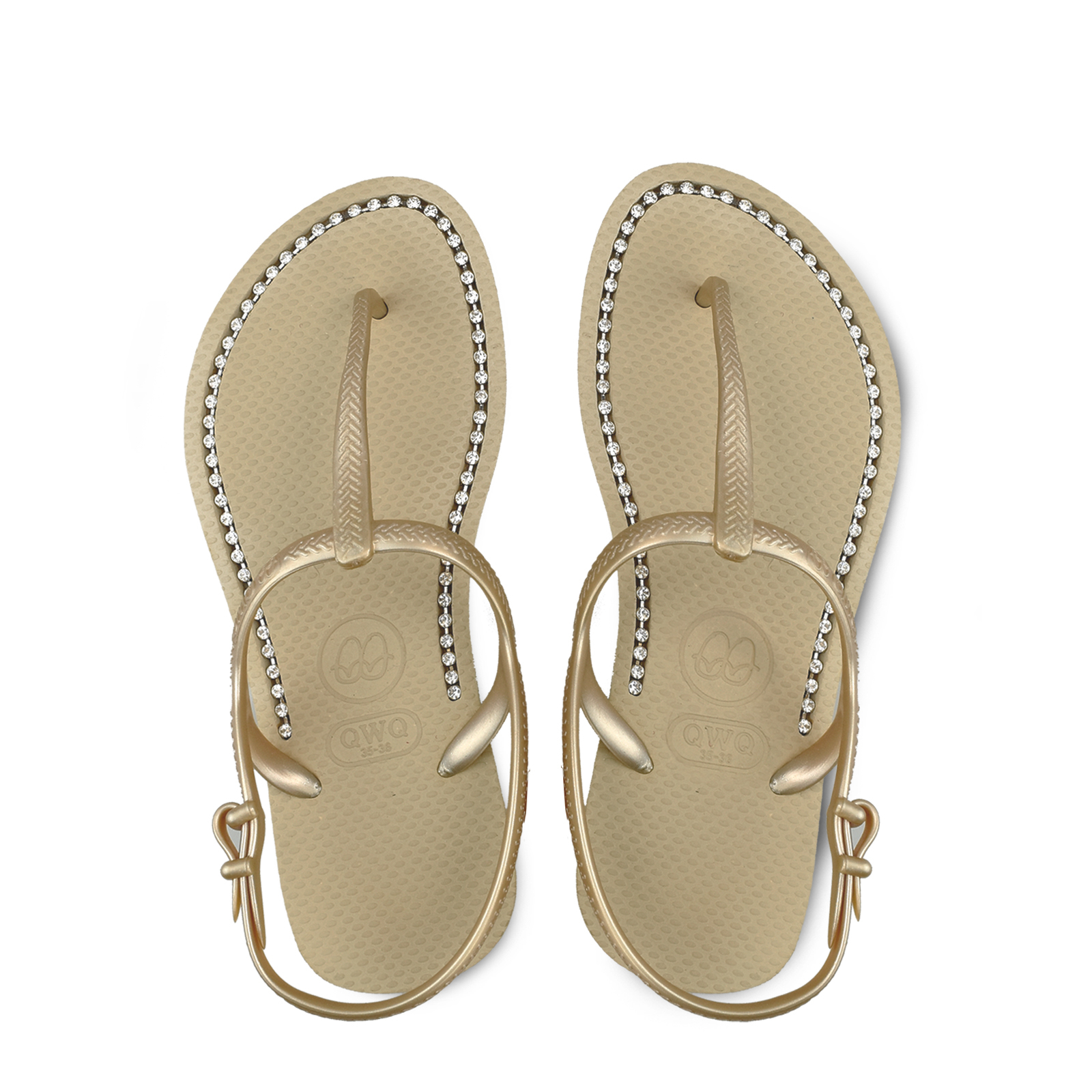 女款綁帶T字涼鞋 沙金色 國際知名水鑽元素 腳型修長款