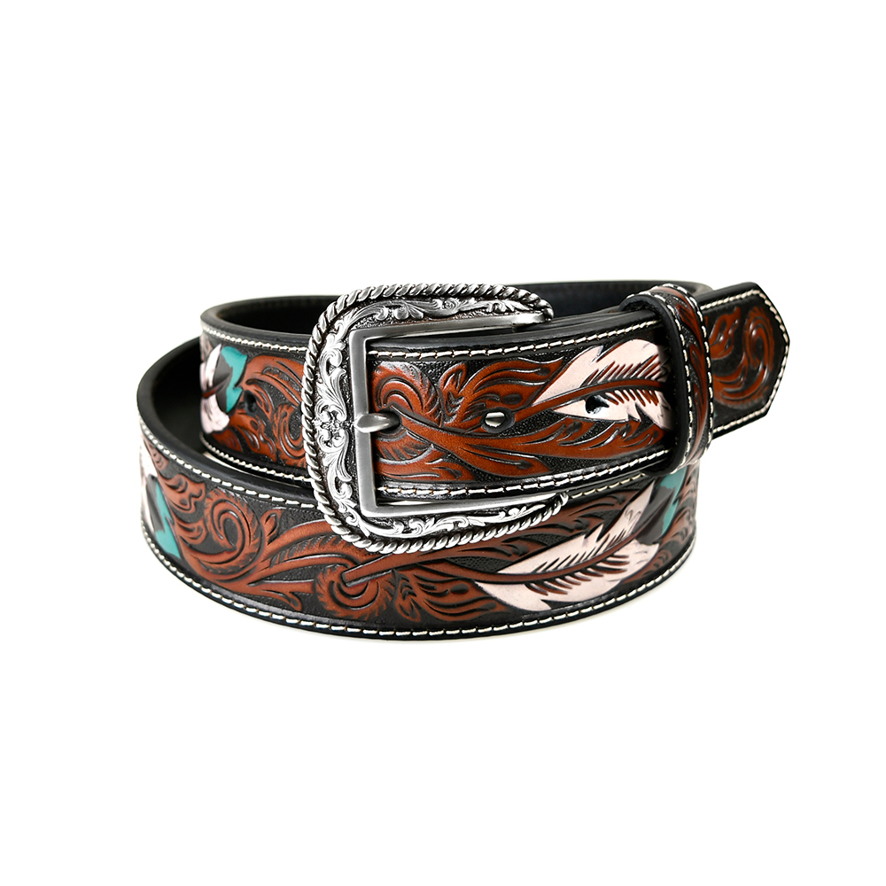 Ariat彩繪羽毛雕花 潮牌真皮皮帶-新品
