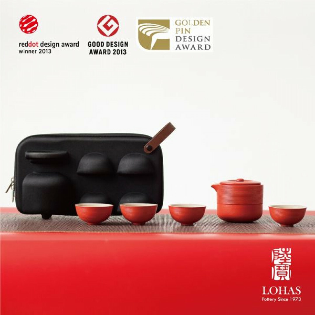 樂活陶器 紅點旋紋攜行裝 一壺四杯