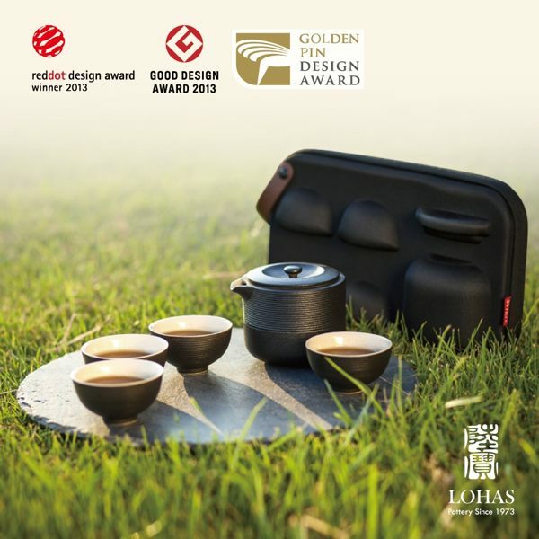 樂活陶器 紅點旋紋攜行裝 一壺四杯