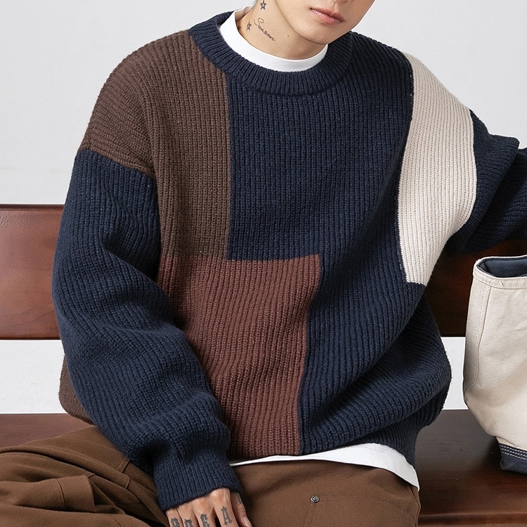 |折扣登記中| 日系 拼接色塊 粗針織 毛衣