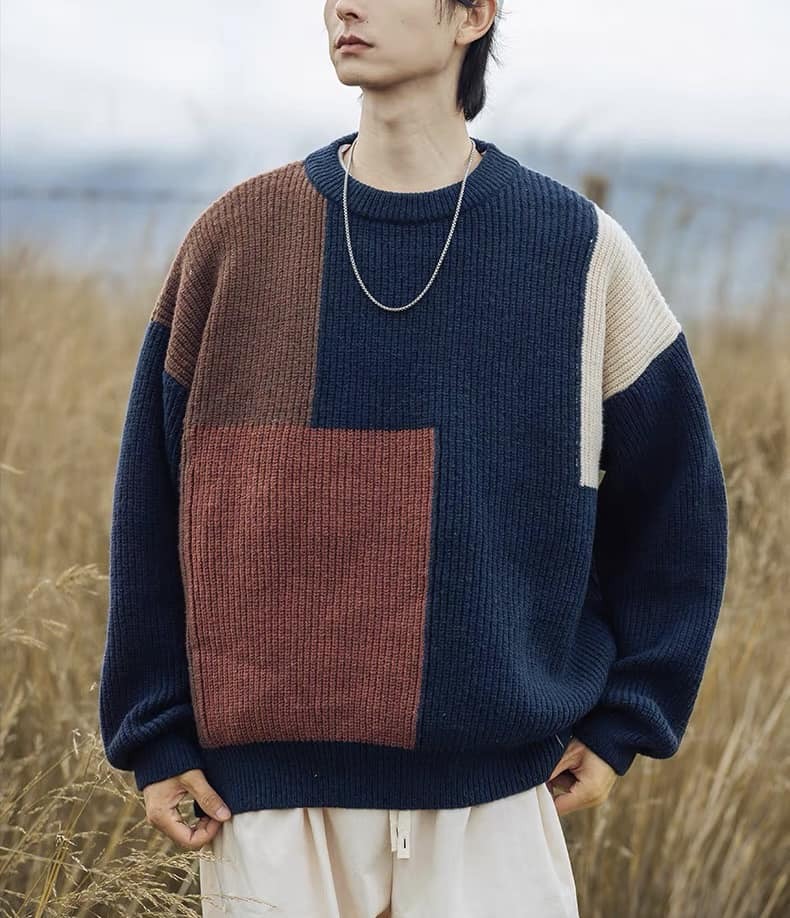 |折扣登記中| 日系 拼接色塊 粗針織 毛衣