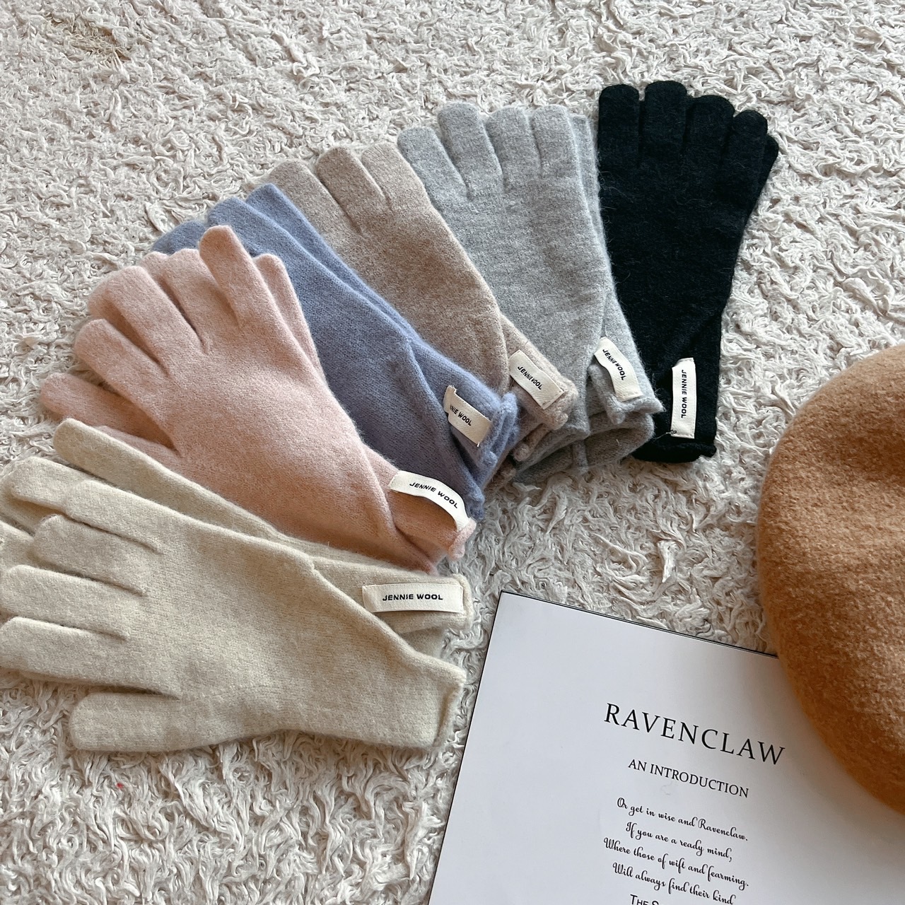 羊絨小標捲邊針織開衩手套/六色