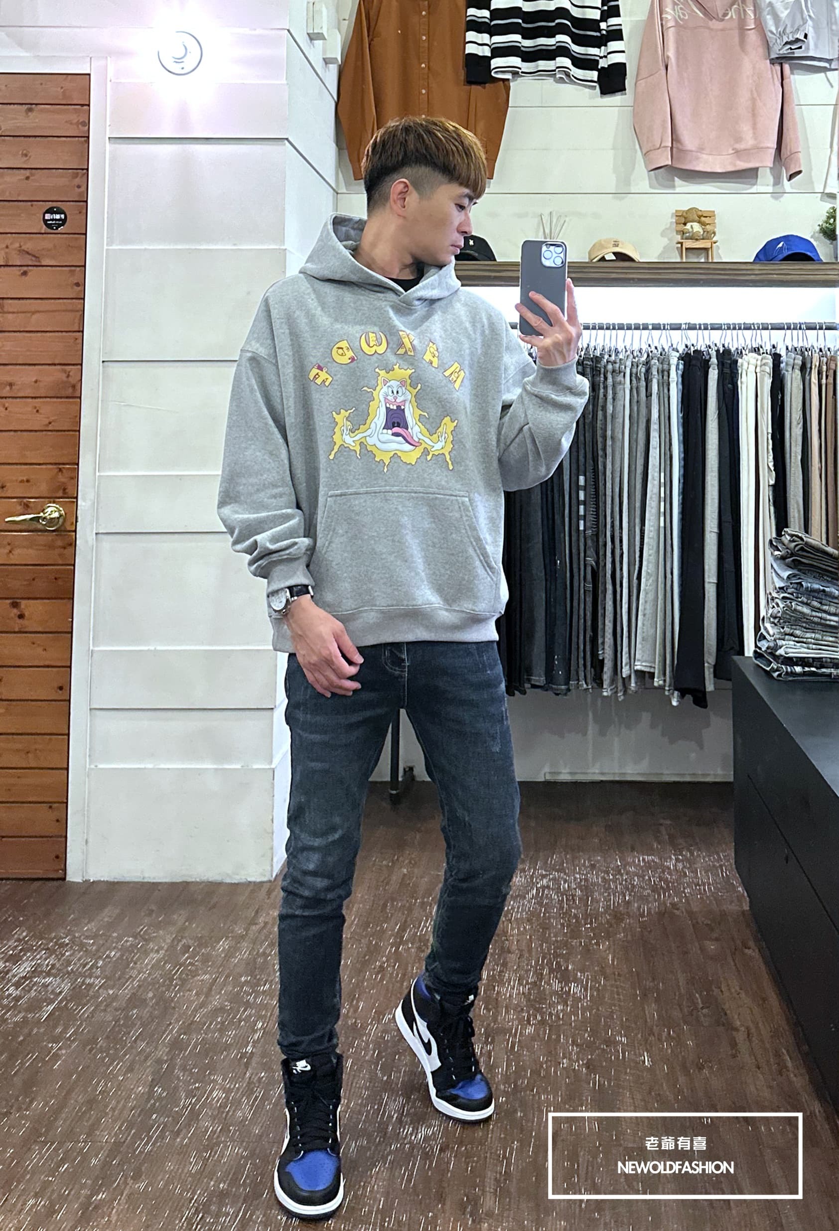 『新品上市』重磅驚嚇貓刷毛帽T-淺灰(NOF2311D001)