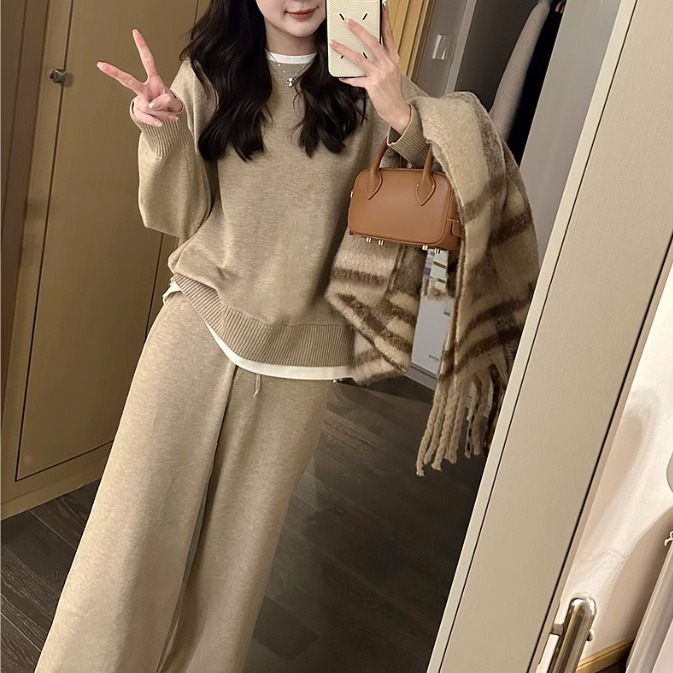 ᴋᴏʀᴇᴀ🇰🇷甜妹秋季闊腿式假兩件毛衣套裝