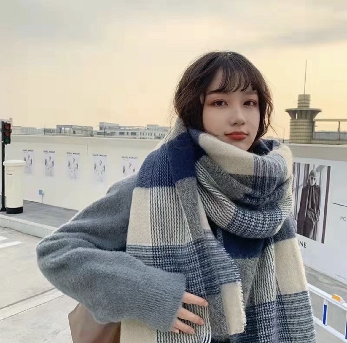 靜謐藍格針織圍巾/單一色/男生可圍