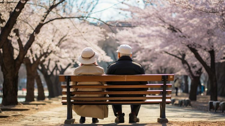 一對年長的夫婦坐在公園長椅上