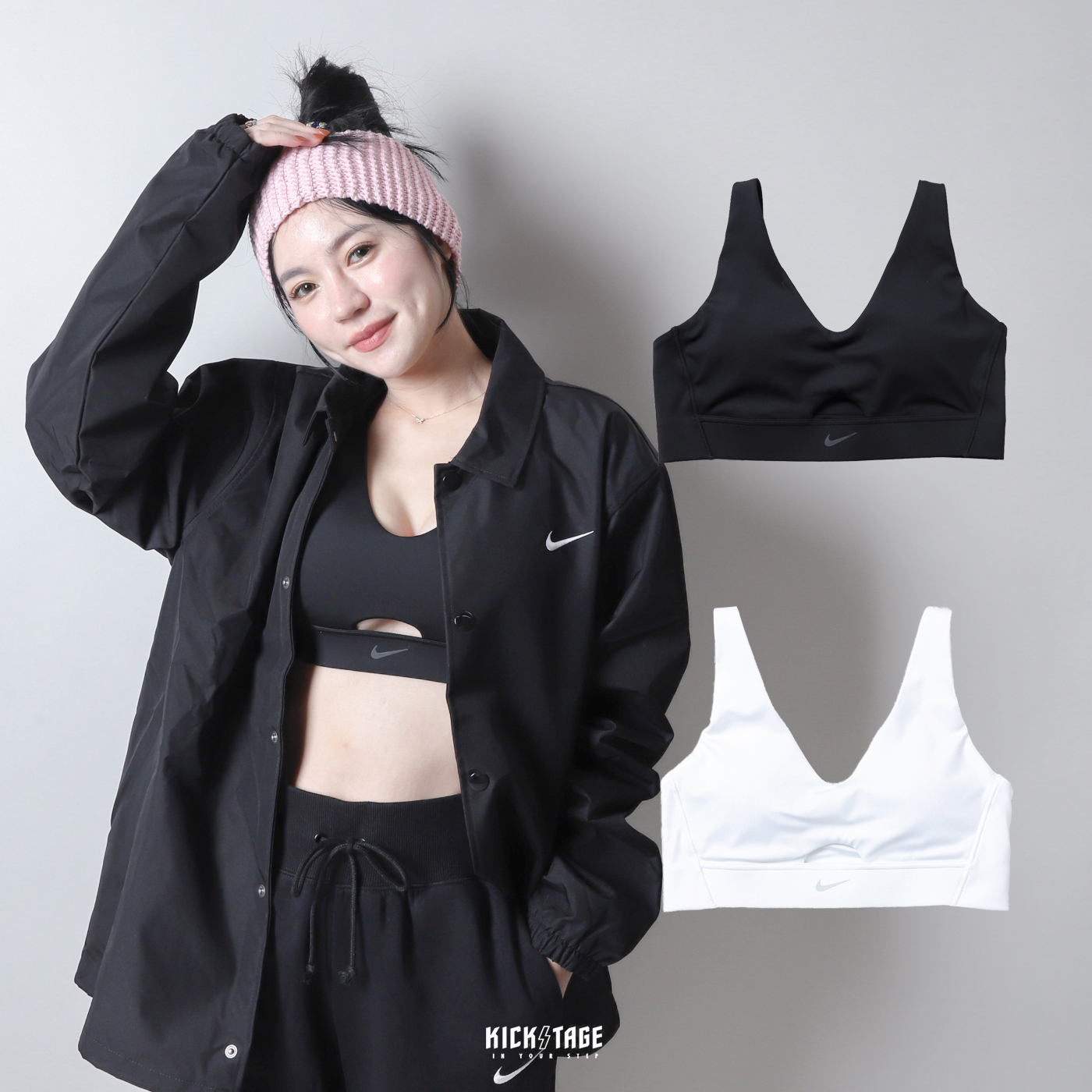 NIKE Dri-FIT INDY PLUNGE CUTOUT BRA 黑色白色中央鏤空中度支撐健身