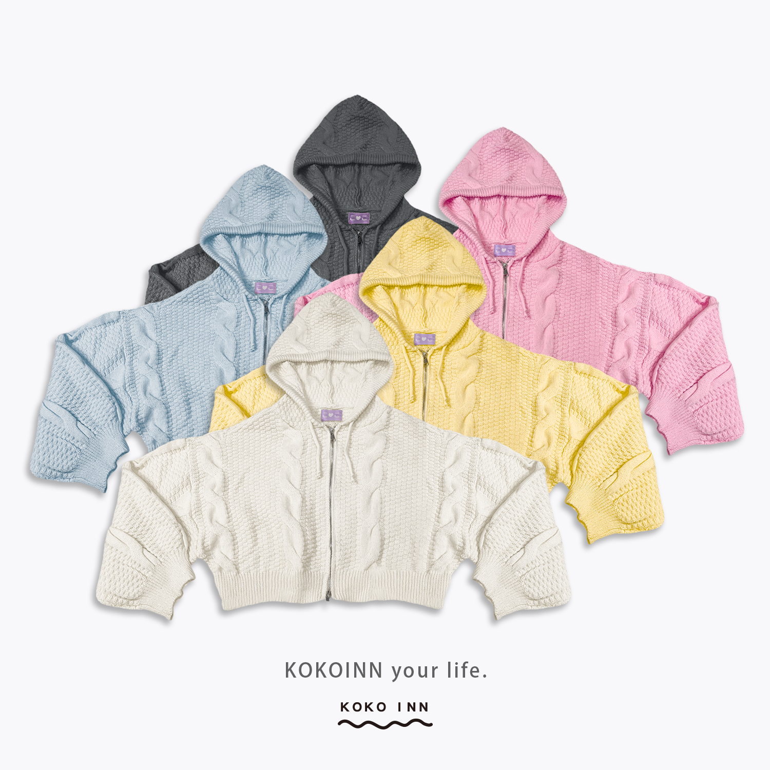 KOKOINN 糖果色麻花針織連帽外套
