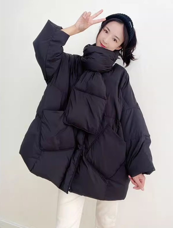 無領長袖棉服外套+圍巾