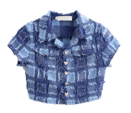 Checkerboard fringed short-sleeved shirt