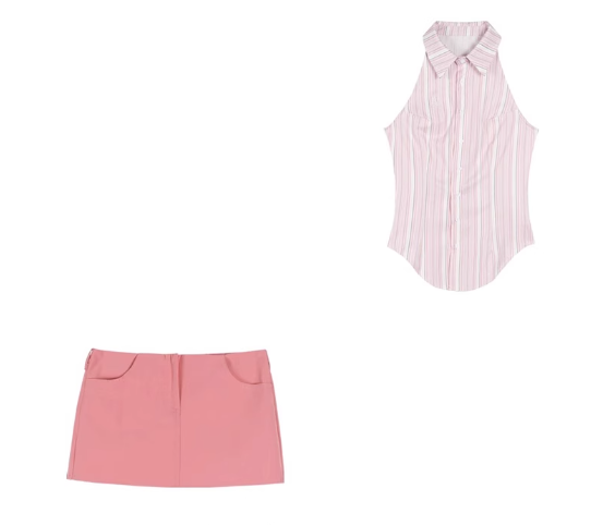 Polo collar striped camisole two-piece skirt set