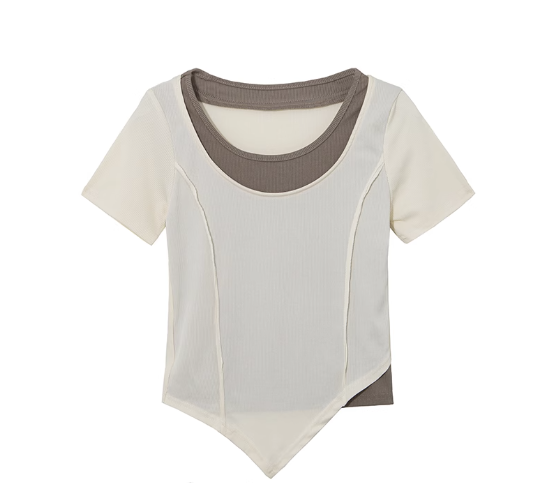 Fake two-piece square neck short-sleeved T-shirt