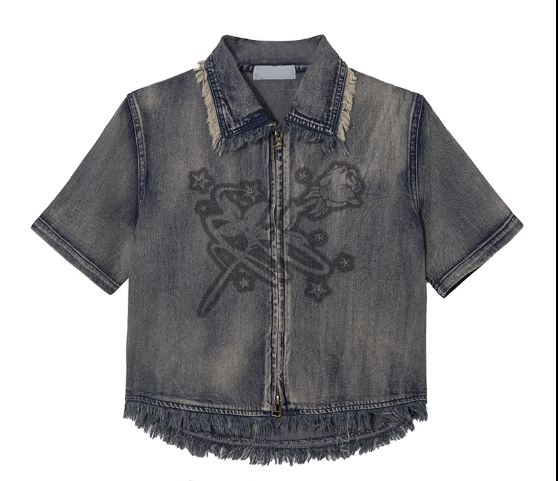 Printed short right-shoulder denim short-sleeved T-shirt