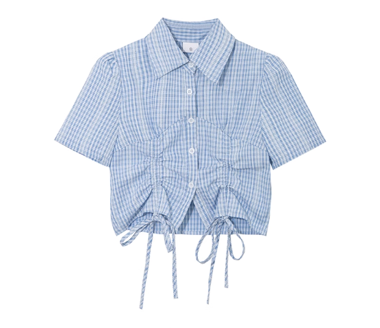 plaid drawstring cropped slim shirt