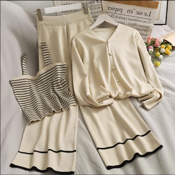 Striped short suspender V-neck single-breasted knitted jacket and wide-leg trousers three-piece set