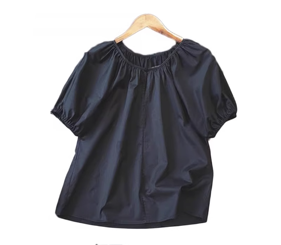 Pleated puff sleeves crew neck short-sleeved shirt