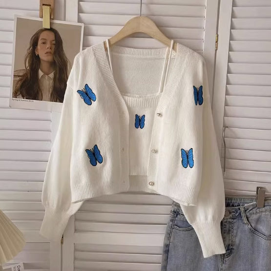Embroidered knitted cardigan halter top two-piece sweater set