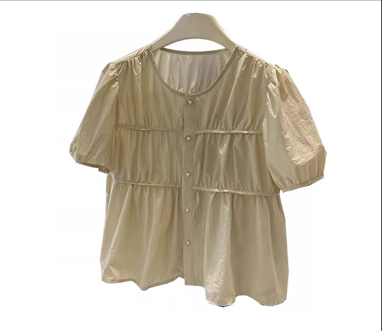 Thin pleated puff-sleeved short-sleeved shirt