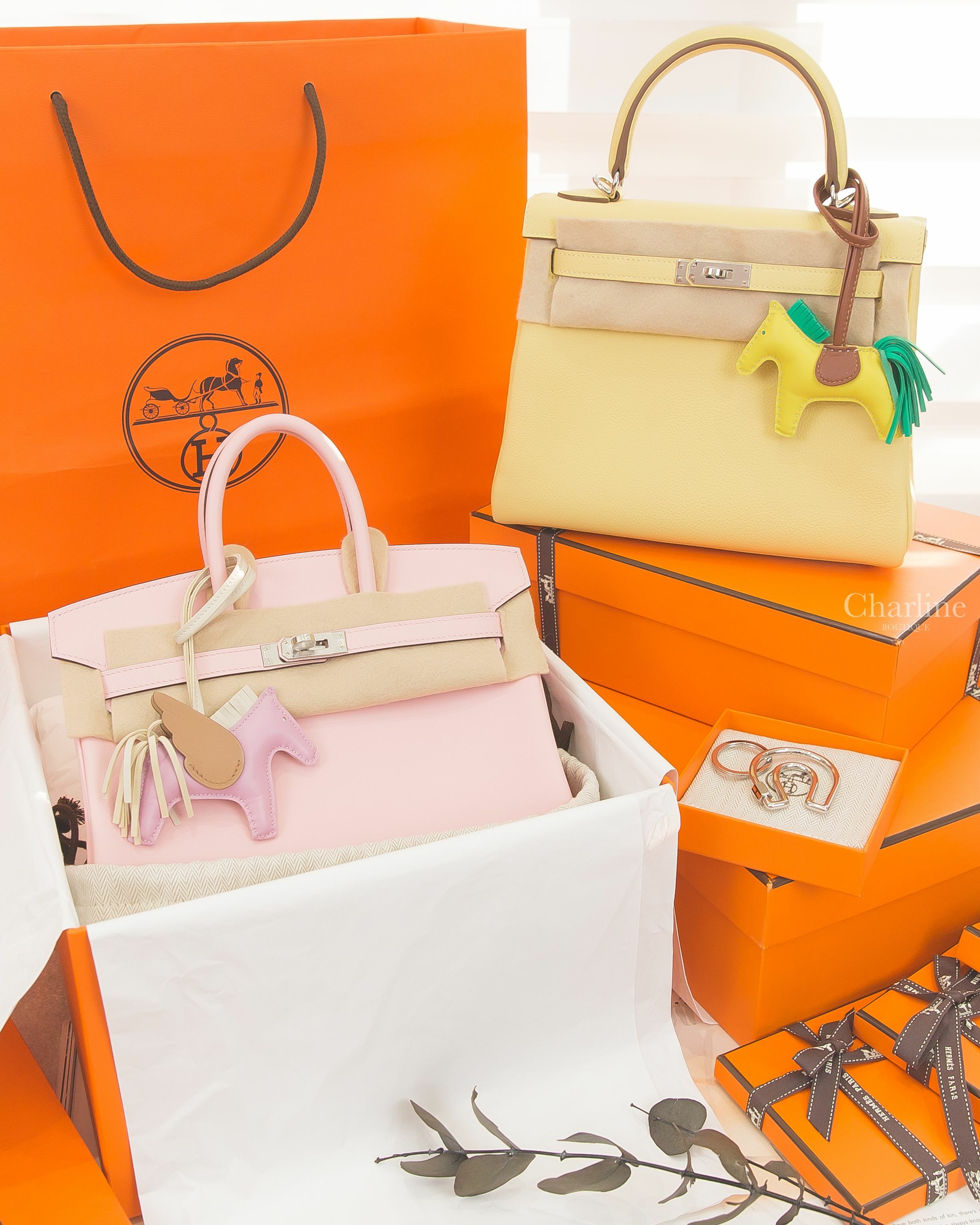 Hermès Birkin 25cm 3Q 櫻花粉銀釦,Hermès Kelly 25cm 1Z 小雞黃銀釦,Hermès 錦葵粉/奶昔白/馬薩拉茶色飛馬,HermèsKey Ring 銀色馬蹄鑰匙圈-Charline Boutique 精品代購