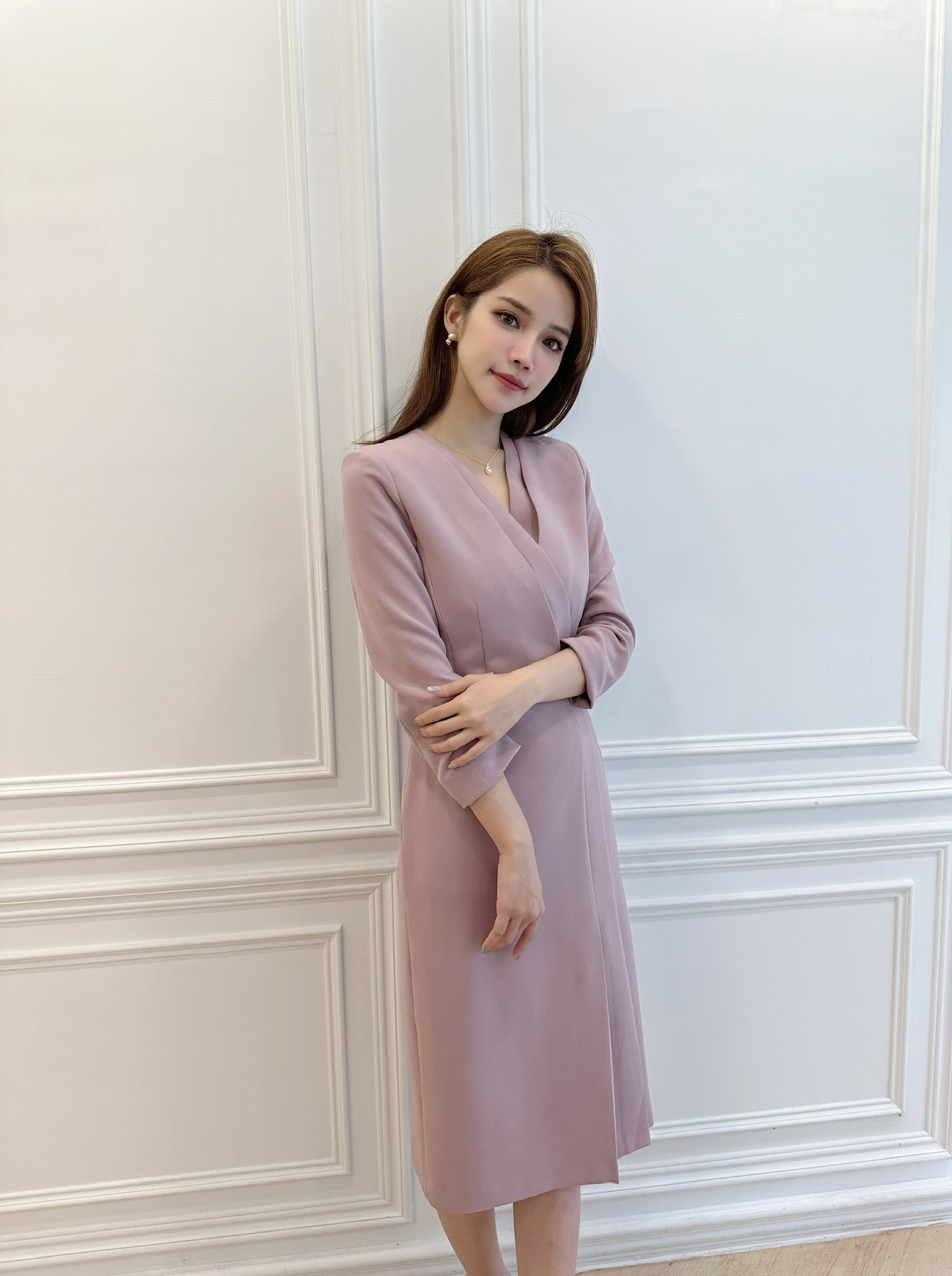 雙層Ｖ領合身腰帶洋