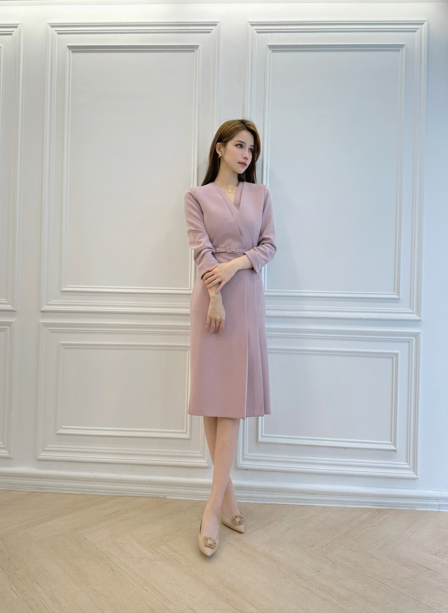 雙層Ｖ領合身腰帶洋