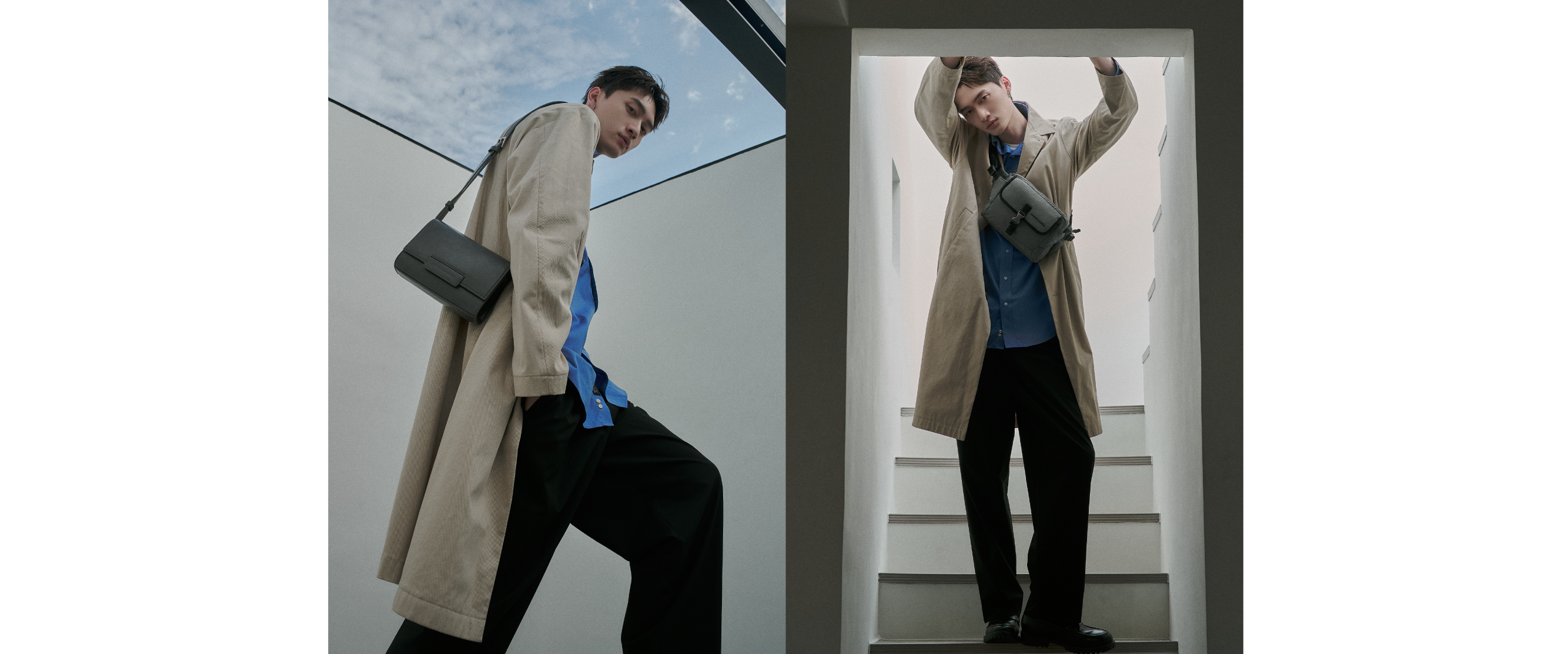 卡其色的長版及膝風衣，搭配亮色系長袖襯衫與黑色直筒西裝褲，營造出時尚且有層次感的風格。