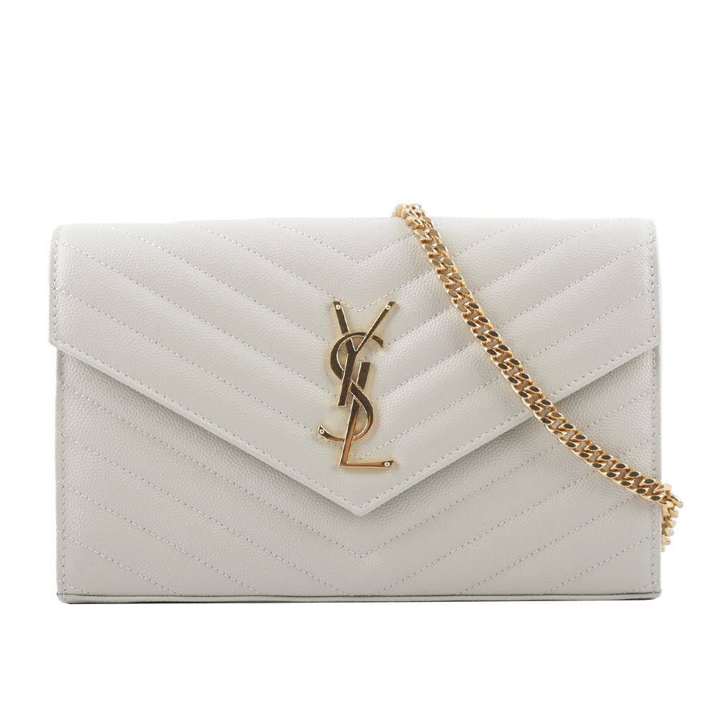 【YSL/Saint Laurent Paris】V紋荔枝皮金色LOGO WOC 斜背包