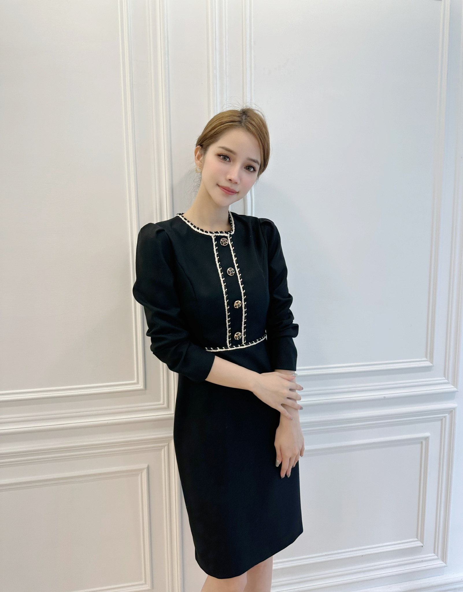 混色織紋感金釦合身洋