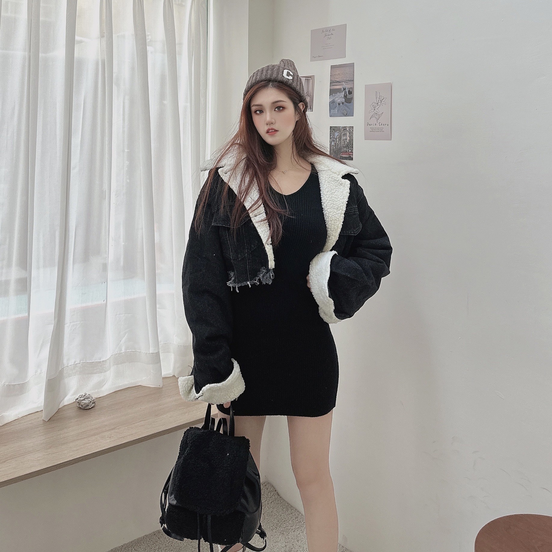 韓國羊羔毛拼接牛仔外套/二色