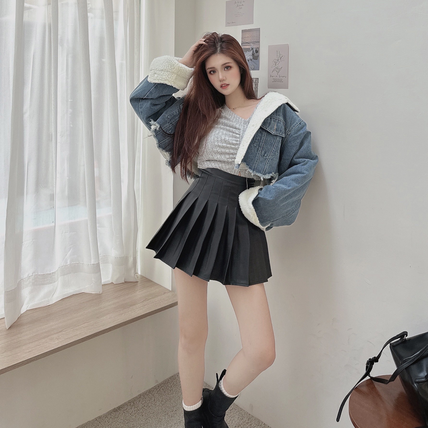 韓國羊羔毛拼接牛仔外套/二色