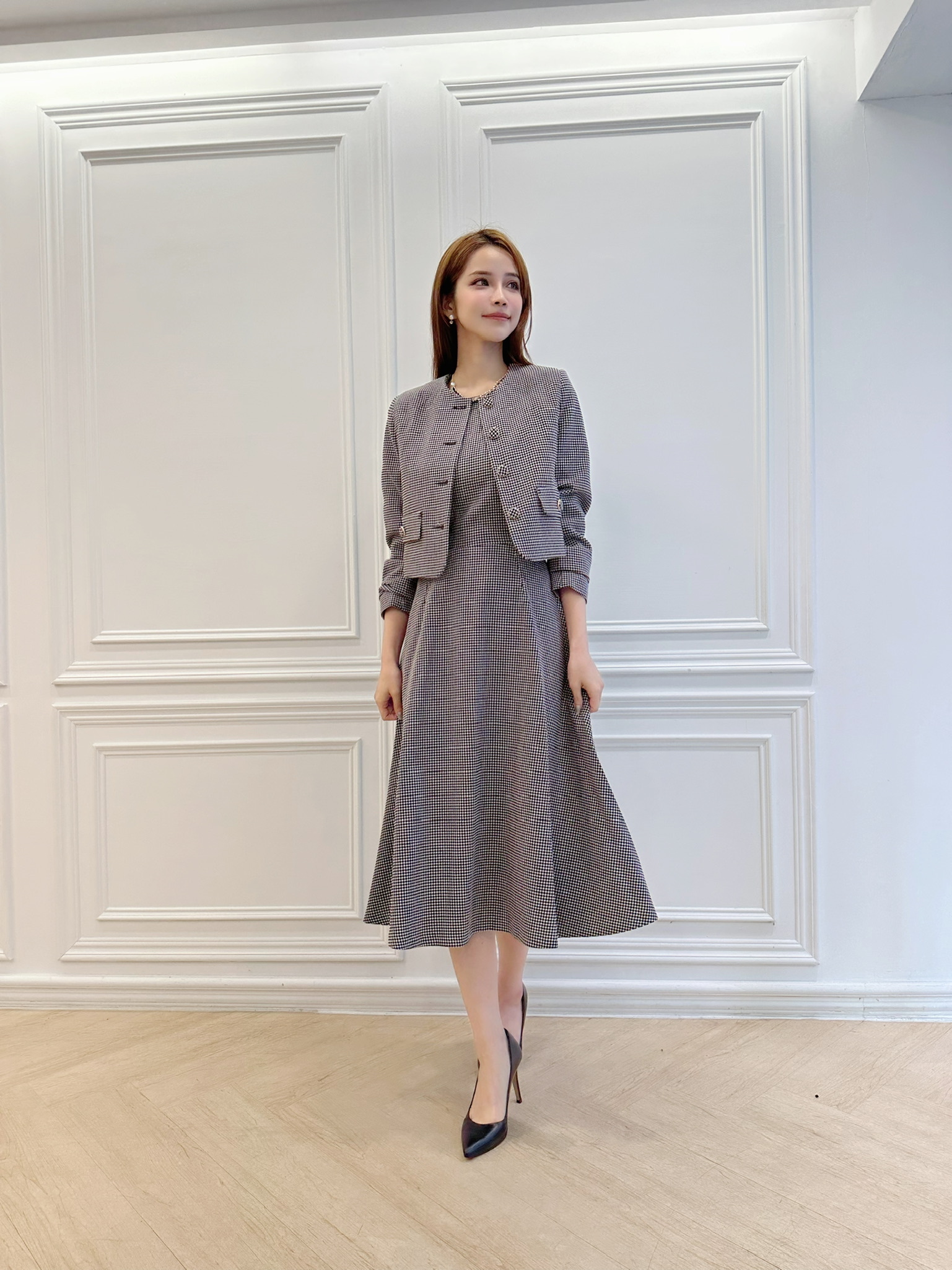 法式點點短外套＋傘擺洋裝