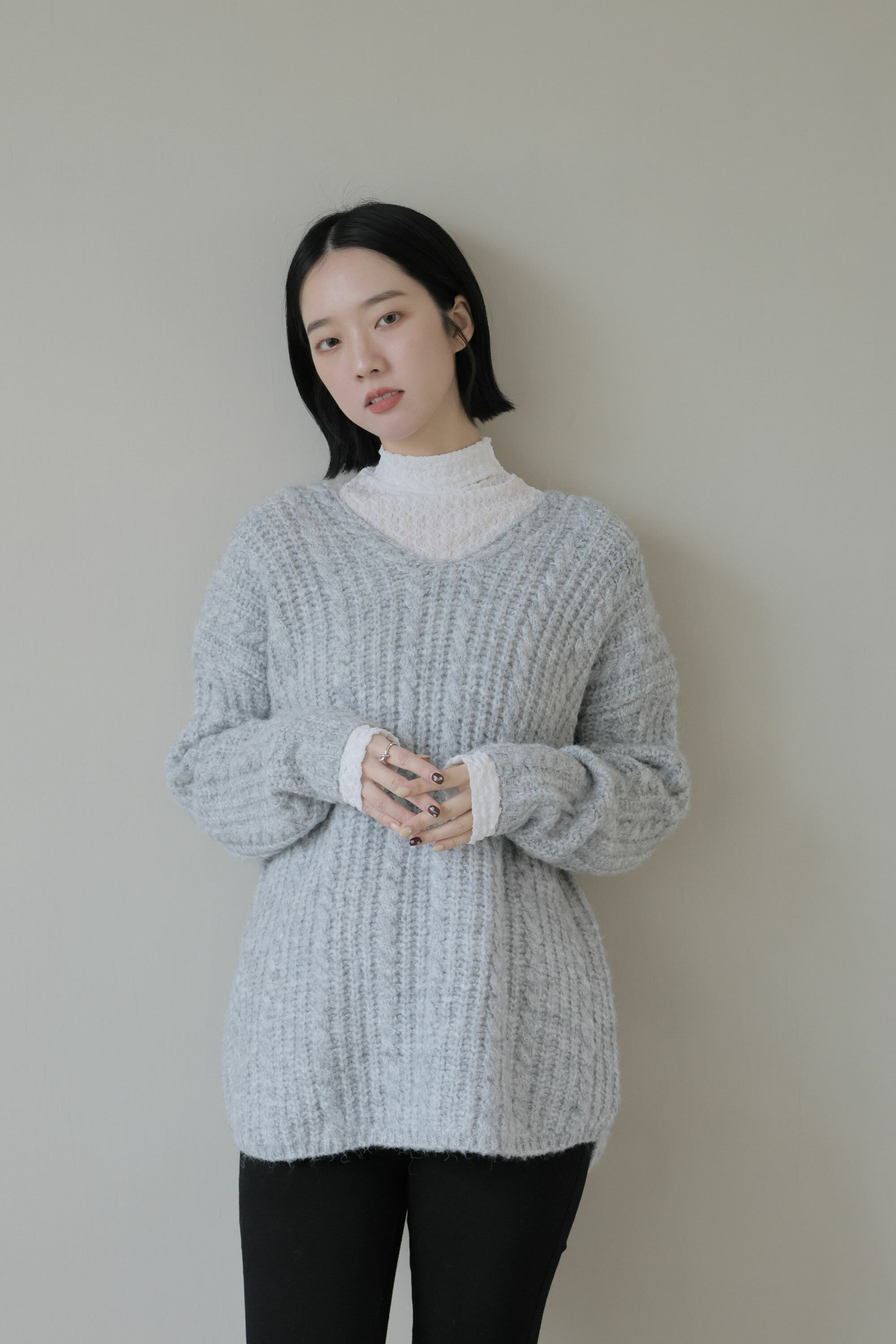 2603 慵懶V領粗針織上衣（10%羊毛）