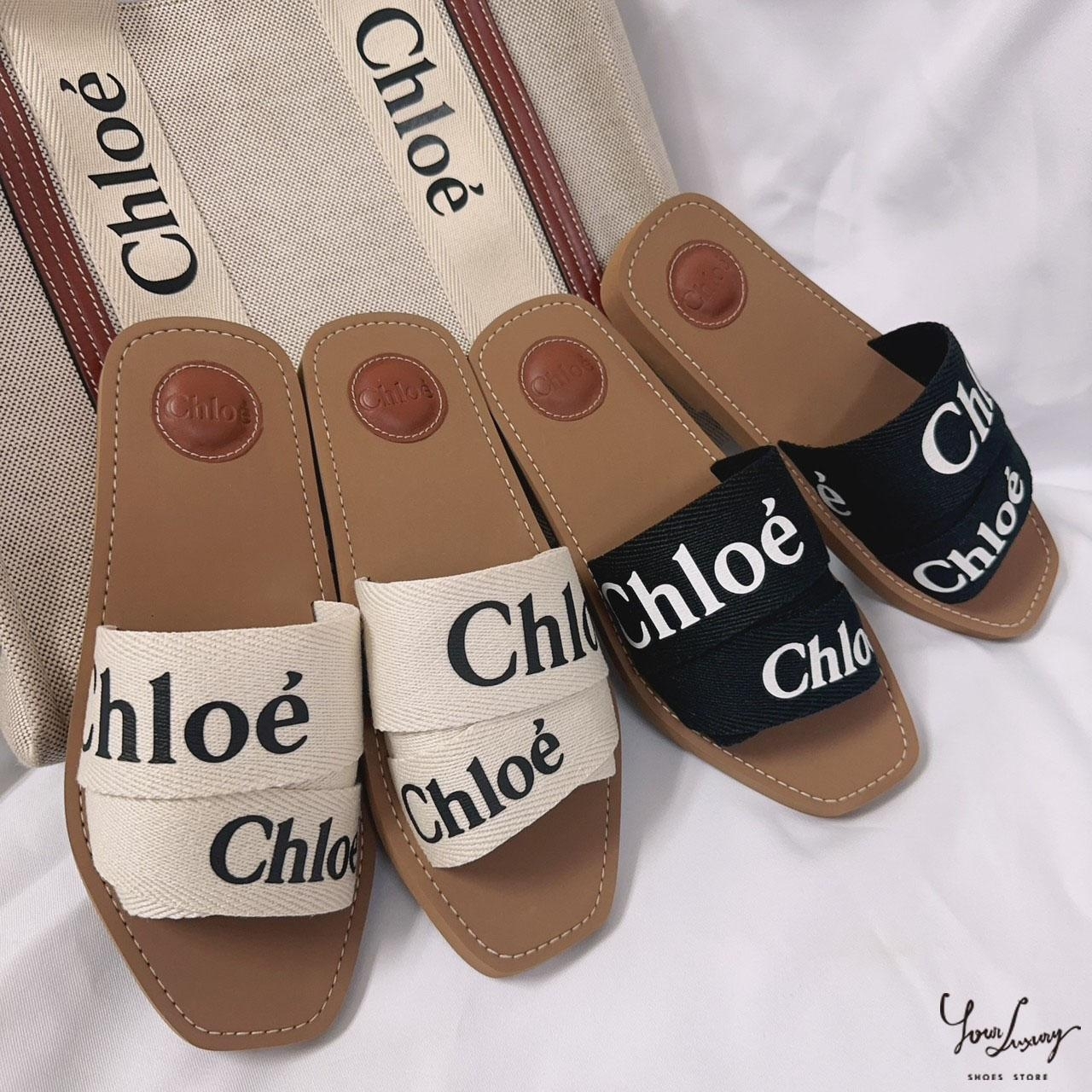 【Luxury】Chloe’ 蔻依 Woody  白字LOGO 棉質織布 方頭平底拖鞋 黑棕 白棕 平底拖鞋