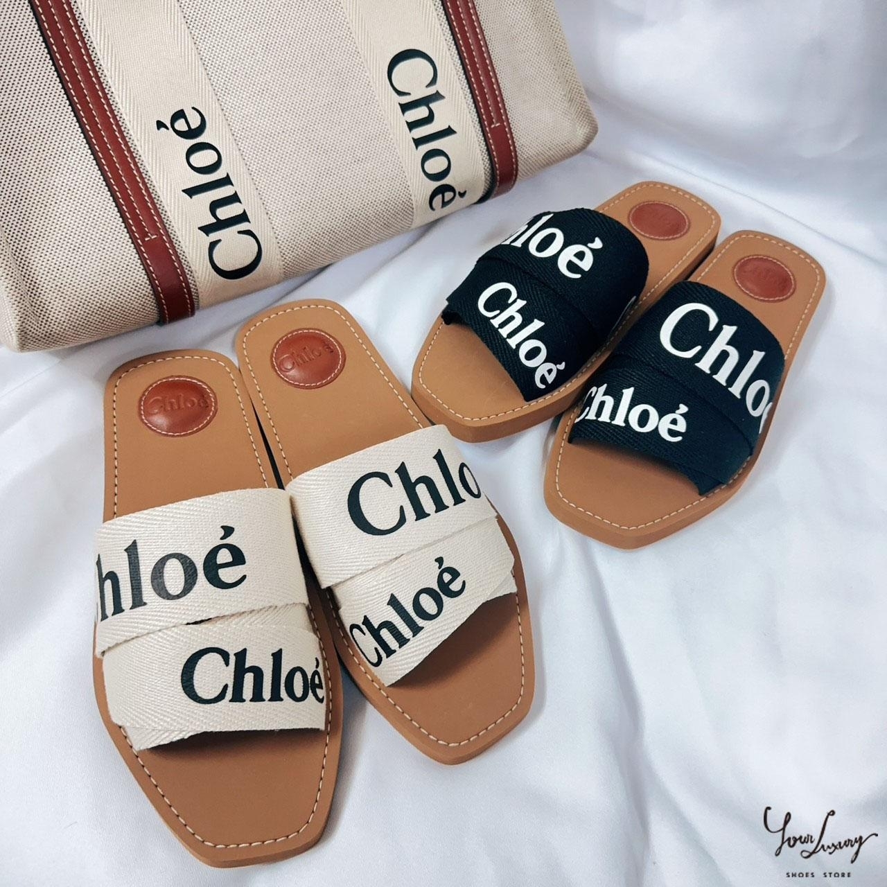 【Luxury】Chloe’ 蔻依 Woody  白字LOGO 棉質織布 方頭平底拖鞋 黑棕 白棕 平底拖鞋