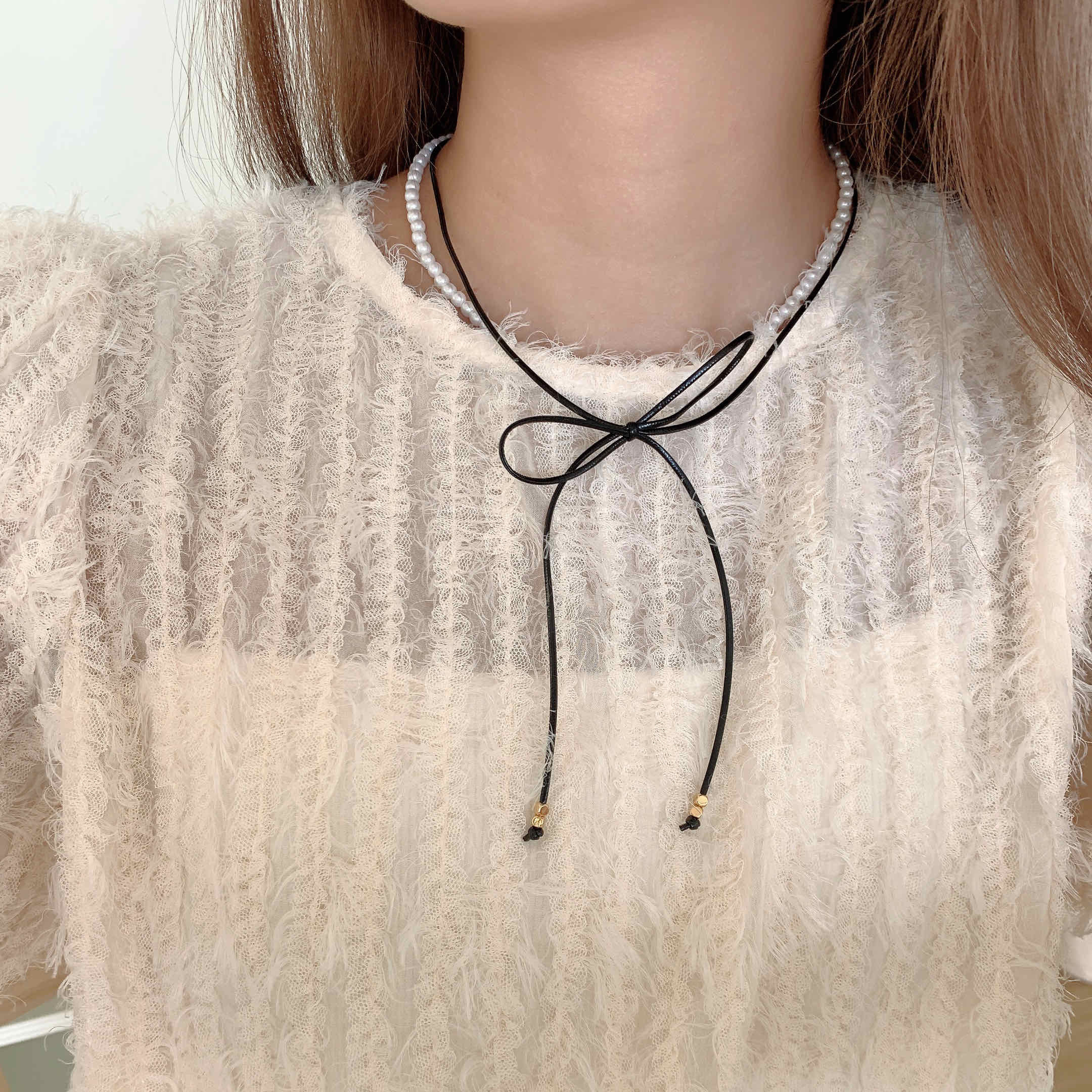 🇰🇷珍珠皮革蝴蝶結雙層項鍊｜3 color